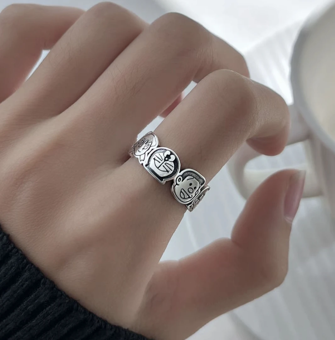 哆啦a梦戒指女小众ins新款卡通机器猫可爱铃铛猫复古做旧可调节