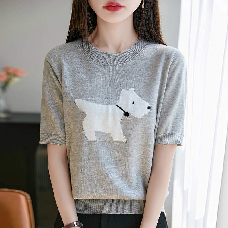 夏季圆领针织短袖T恤简约百搭显瘦薄款半袖气质撞色提花韩版短袖