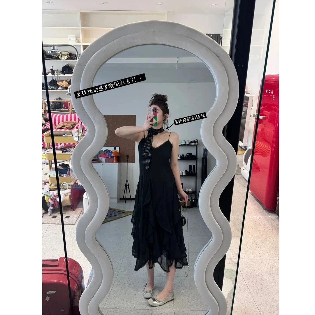 大码细肩带蕾丝V领不规则荷叶边吊带连衣裙女胖mm内搭外穿小裙子