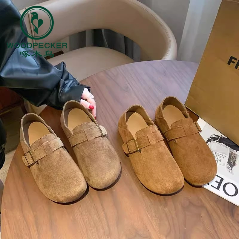 啄木鸟勃肯鞋女2025年新款春季休闲单鞋全包一脚蹬平底鞋小皮鞋女
