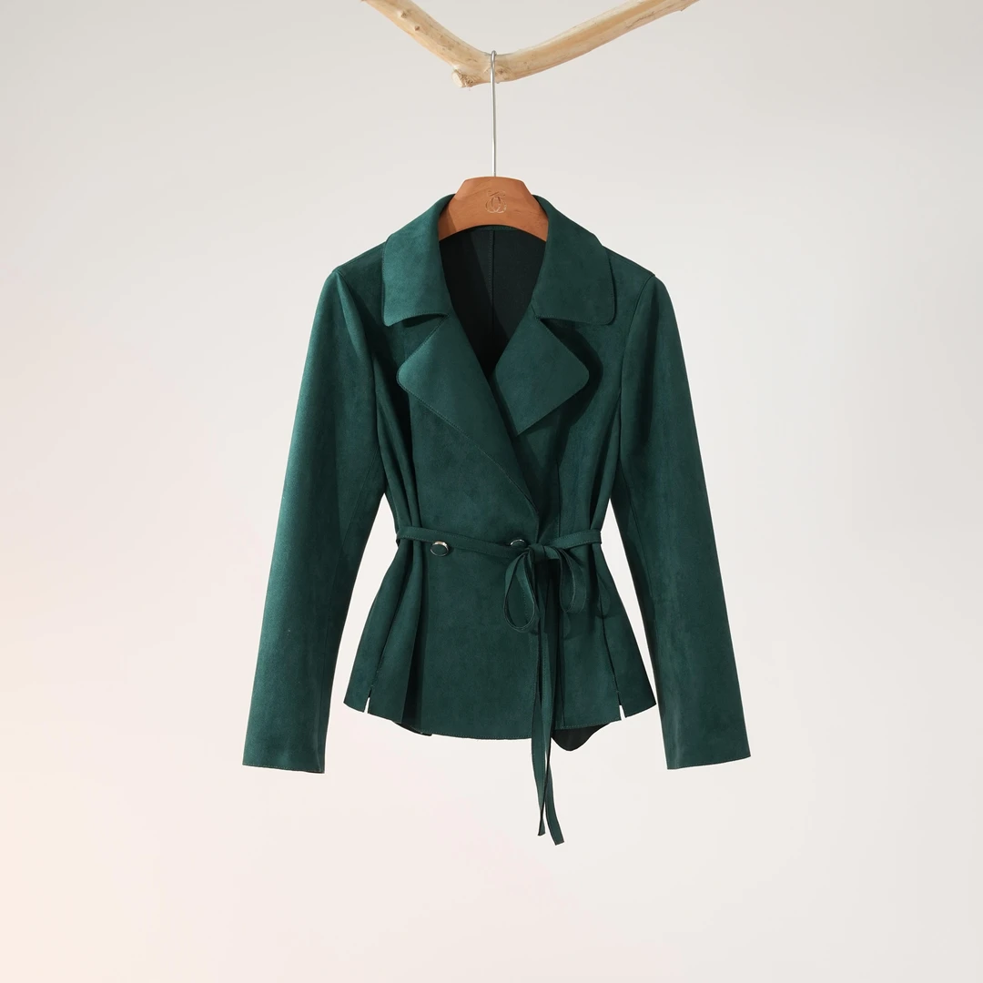 西子/【都市风行】时尚气质麂皮绒感翻领收腰绿色外套/WTXS137