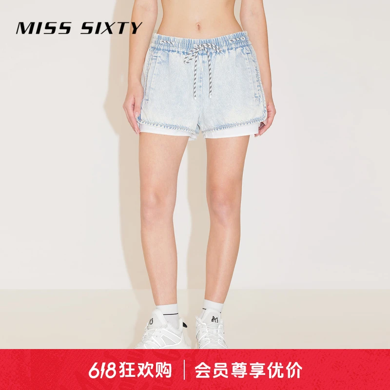【进口牛仔面料】Miss Sixty春季新款牛仔短裤女松紧腰拼接直筒