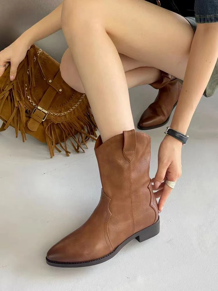 （单里）西部牛仔靴女新款复古显瘦尖头中筒靴V口骑士短靴 2521-2