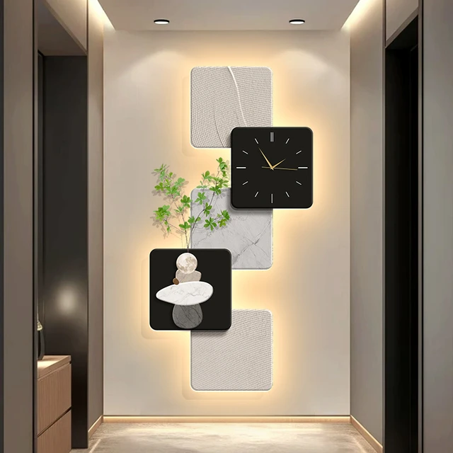 致韬时来运转玄关装饰画2024新款带钟表立体砂岩壁灯高档走廊过道