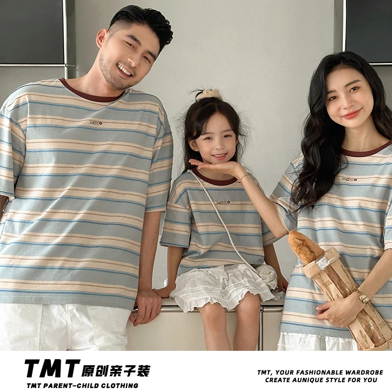 不一样的亲子装撞色条纹短袖T恤2025新款夏款流行圆领母女母子装