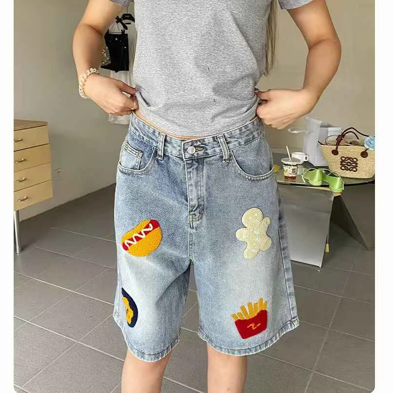 美式复古汉堡薯条毛巾绣牛仔短裤女夏季宽松阔腿直筒五分裤做旧