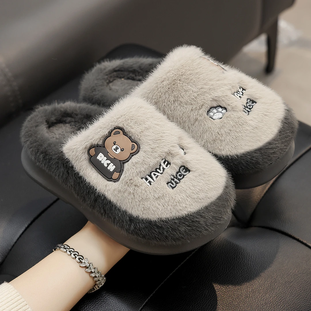 红豆儿童棉拖鞋男童冬季2025新款室内家居亲子防滑毛毛加绒保暖鞋