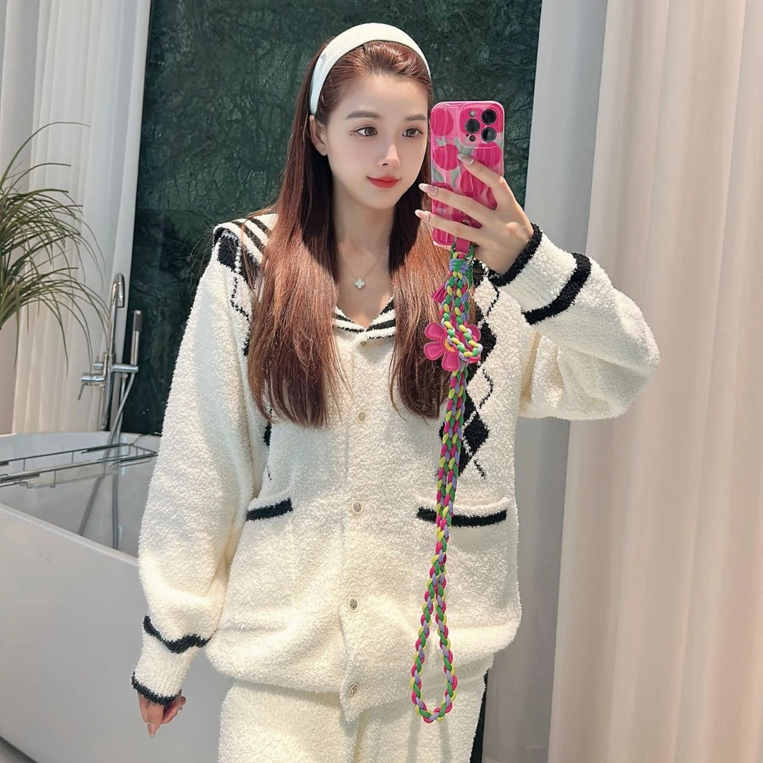 冬季新款半边绒软绵绵加厚睡衣女开衫运动慵懒风女士家居服女套装