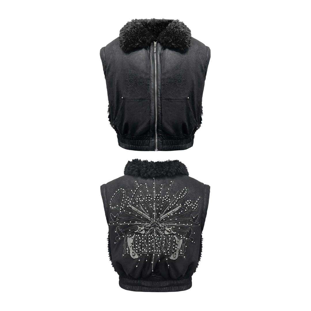 WANNALAB25FW“双枪”皮毛一体双面穿刺绣钉钻铆钉马甲外套