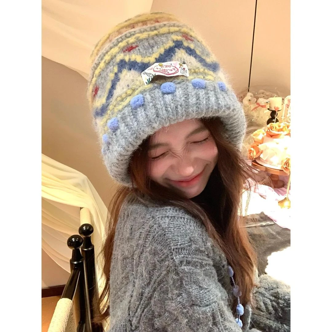 复古费尔岛针织毛线帽女秋冬季保暖巴拉克拉法帽加厚护耳包头帽子