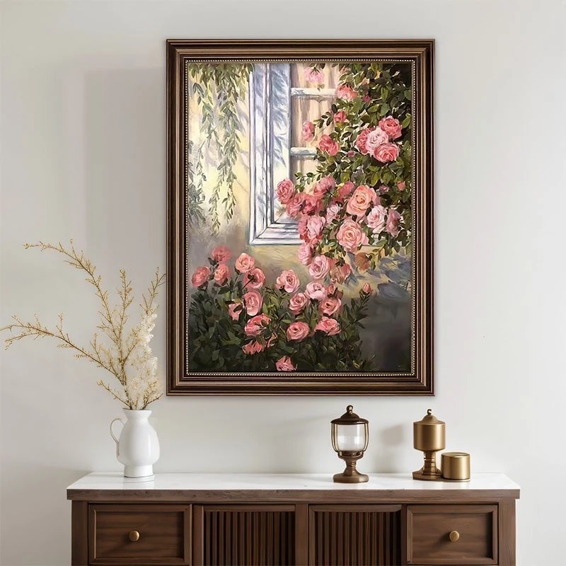 SA08美式玄关装饰画玫瑰花卉复古画高档入户走廊过道挂画高级感画
