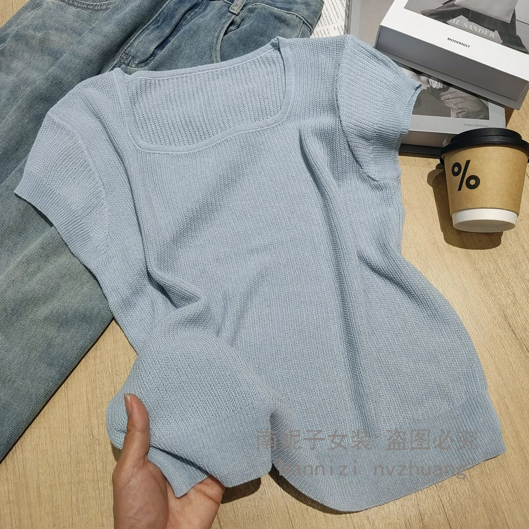 南妮子女装方领时尚宽松简约显瘦百搭上衣女夏季针织衫HD2527