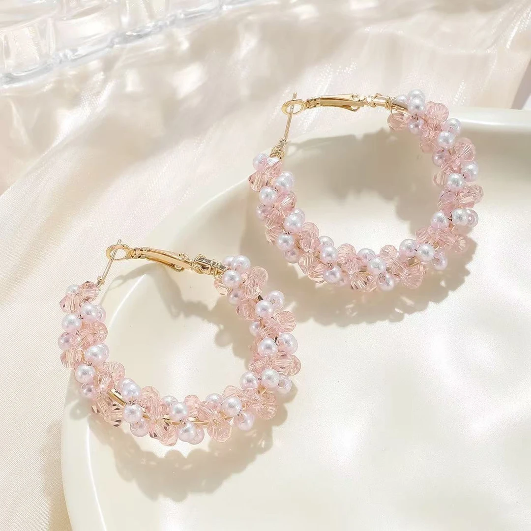 铜合金仿水晶耳饰 女日韩粉红色甜美耳环耳圈耳饰百搭首饰气质