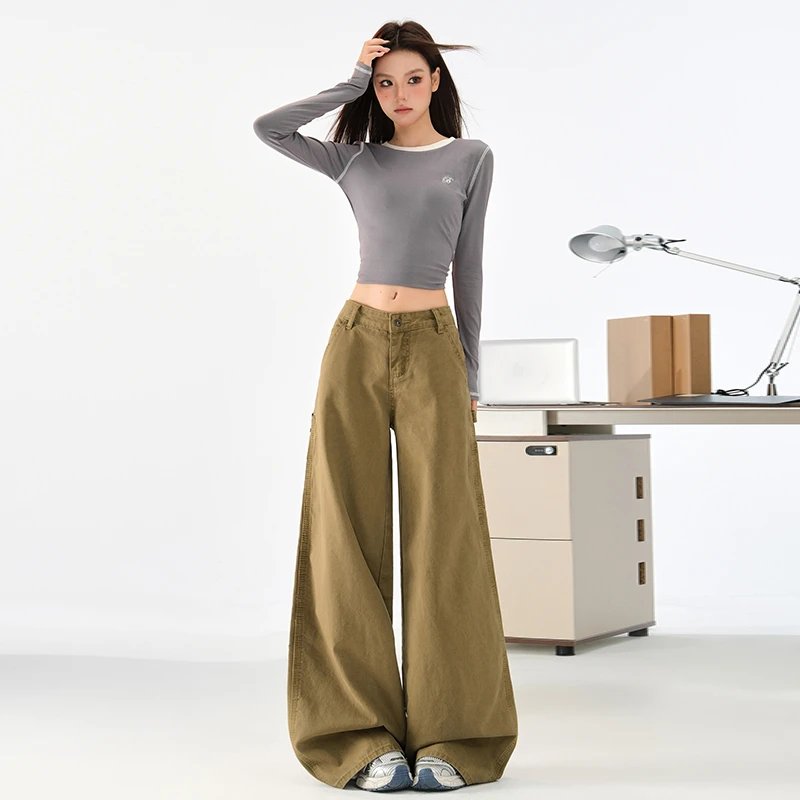 军绿色工装牛仔裤女2025年秋季新款美式低腰宽松直筒百搭阔腿裤子