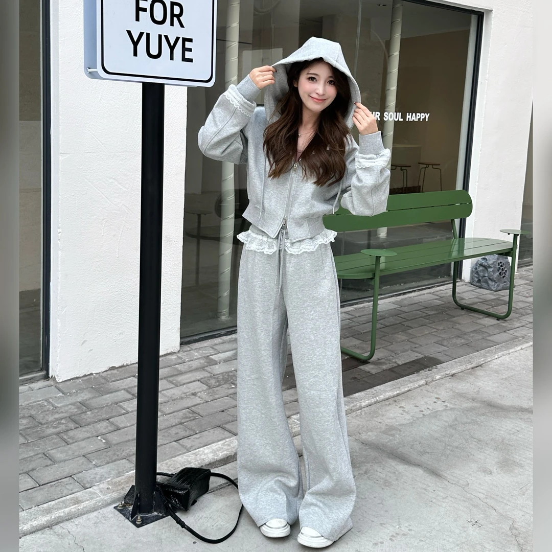 【飞花】2025春款连帽气质设计款上衣拉链显瘦休闲套装时尚套装洋气