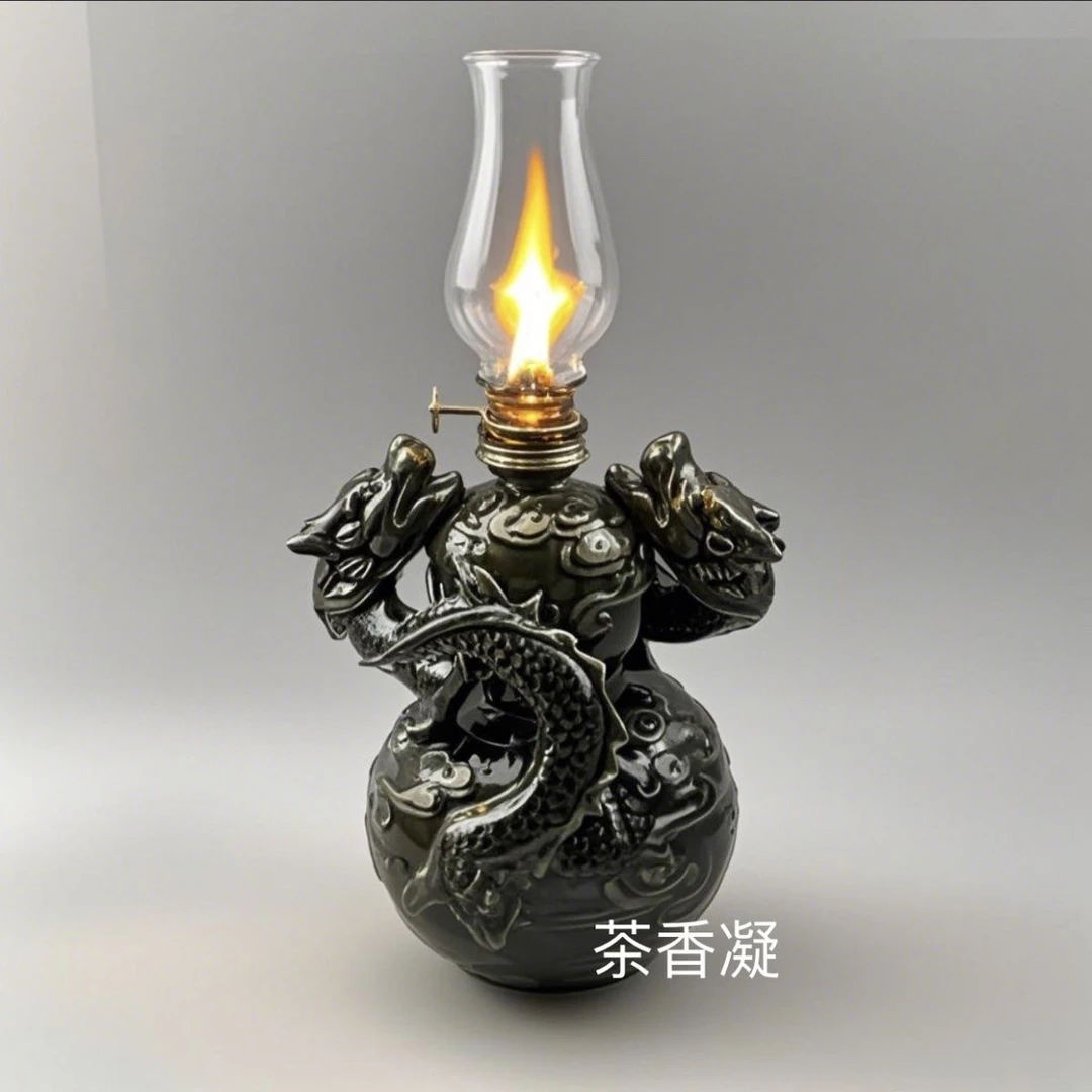 500毫升大容量茶香凝陶瓷双龙戏火供灯 供佛陶瓷酥油灯
