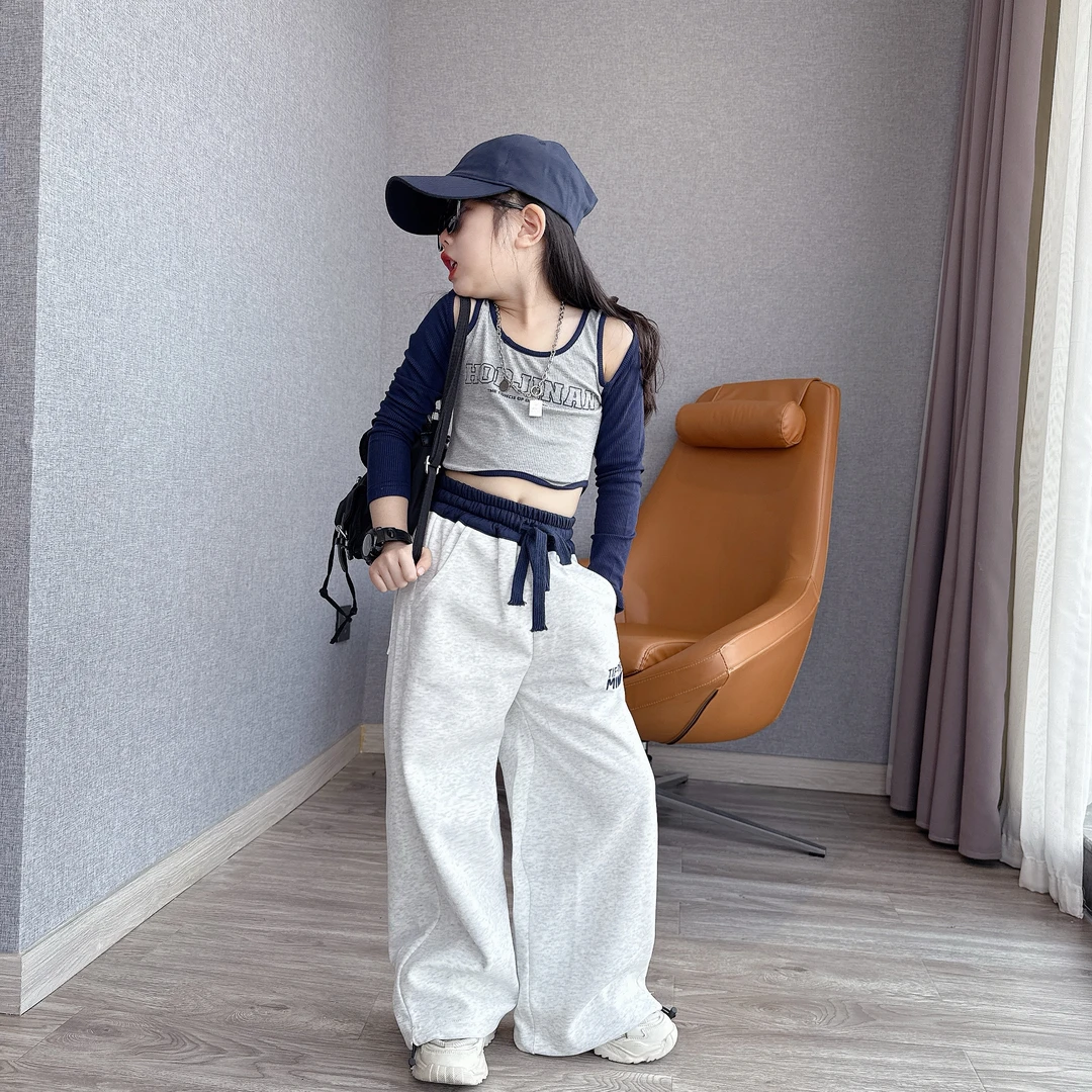 女童2025春秋新款街舞爵士风露腰舞蹈服中大童潮酷休闲阔腿裤潮
