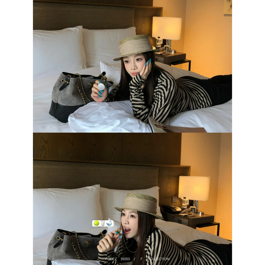 YISHEZ“铁塔餐厅”黑咖条纹V领落肩袖天丝上衣宽松T恤