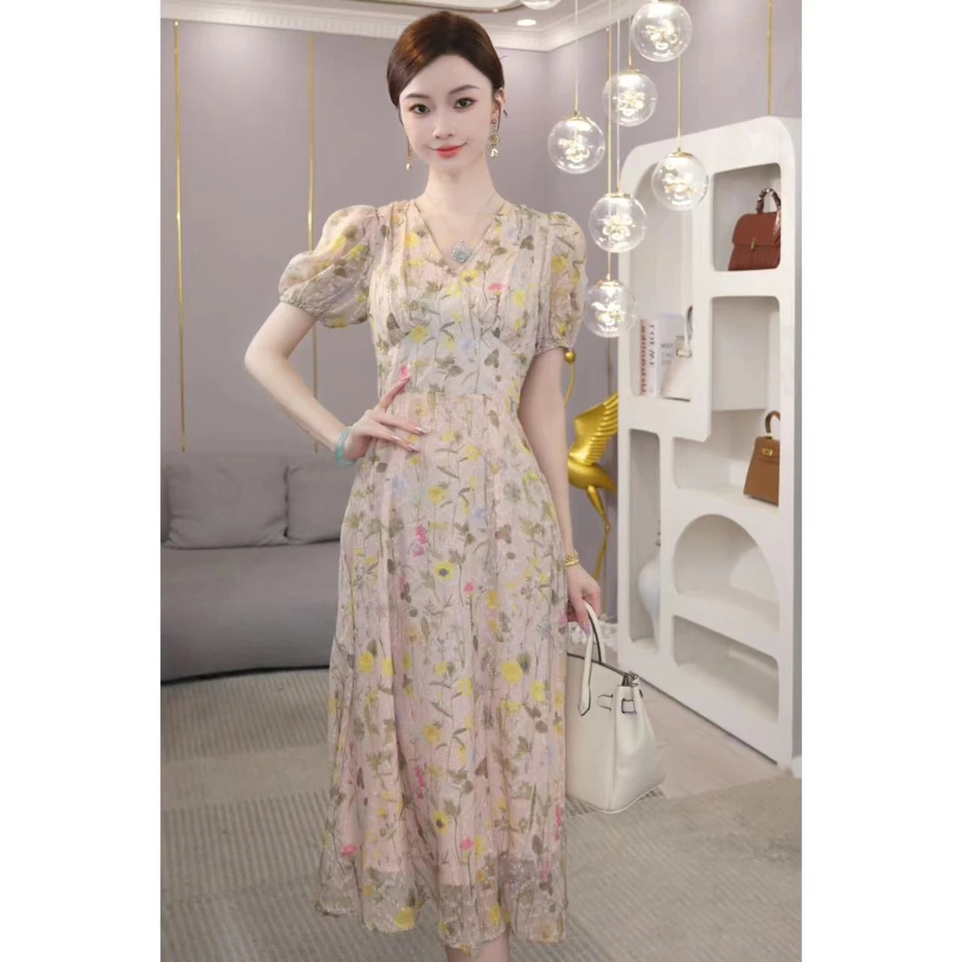 现货2025夏季新款【1929】法式浪漫气质时尚V领收腰碎花连衣裙子女