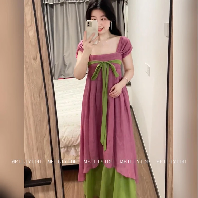 MLYD/定制 大码新中式撞色系带方领连衣裙女国风改良汉服绝美长裙