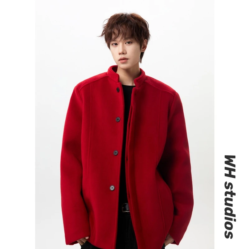 老钱风红毛呢西装外套男冬季短款立领加棉厚夹克新中式西服呢大衣