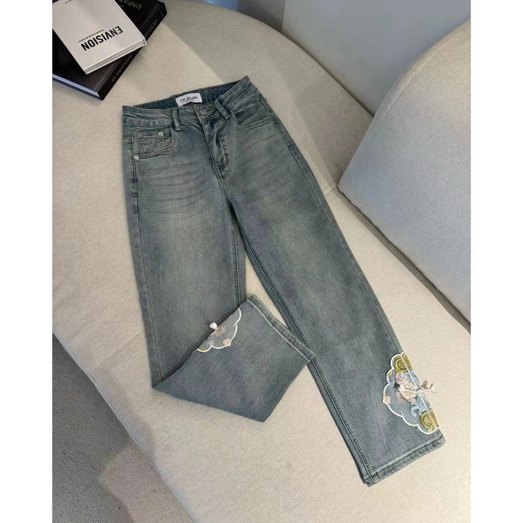 【萍萍推荐】夏季高腰窄版国风盘扣蕾丝花边直筒裤浅色系牛仔裤