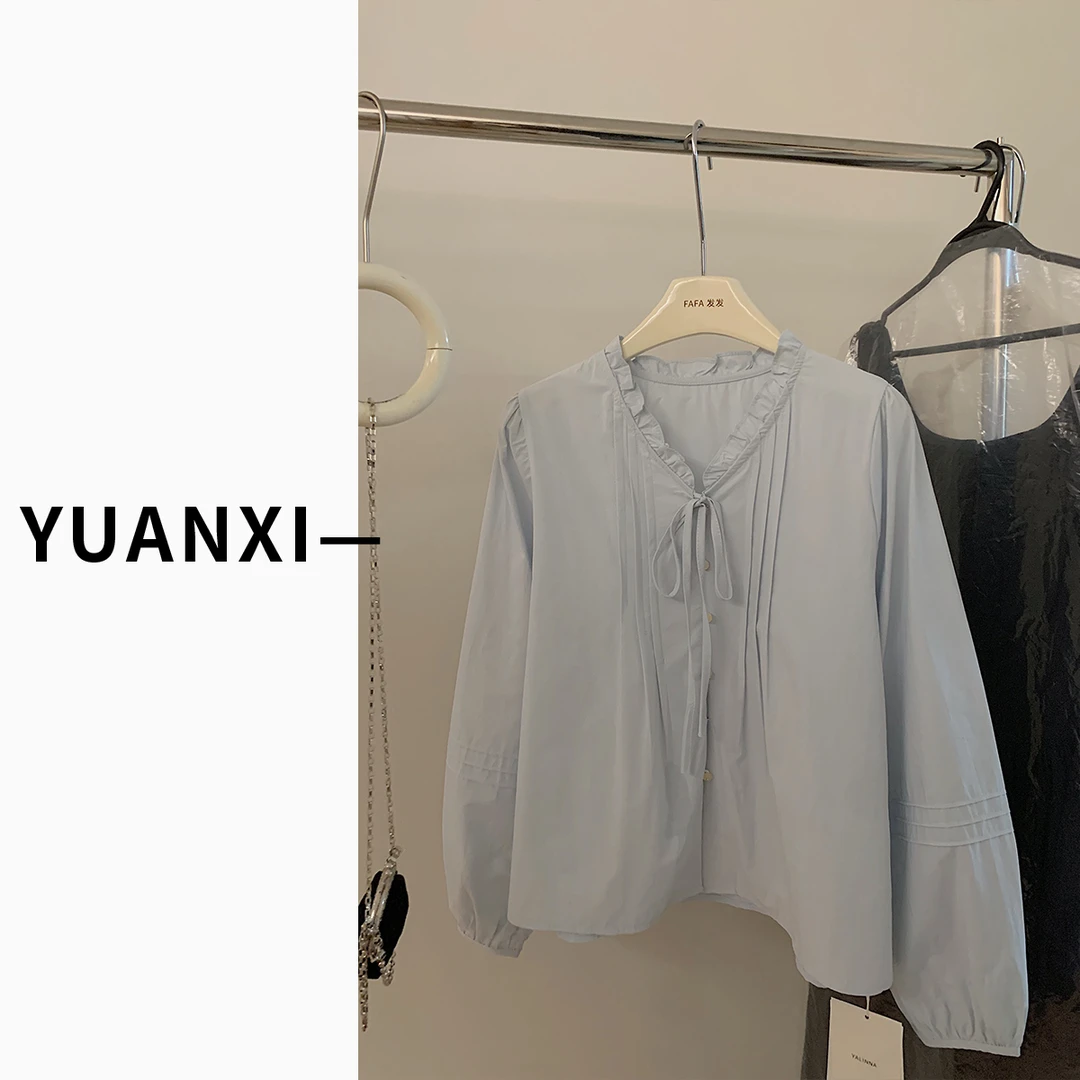 【YUAN.XI】F292 韩系V领系带长袖蓝色衬衫女2025年春装新款
