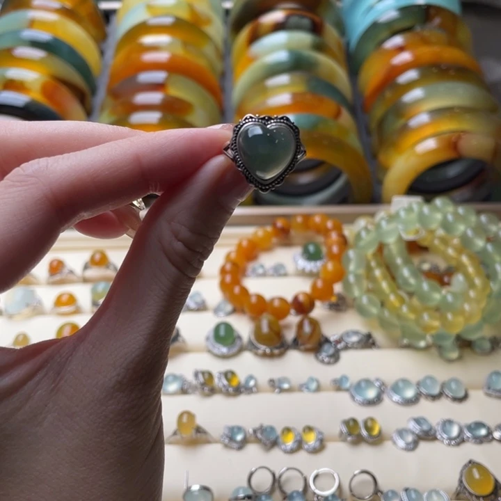 蛇纹石玉戒指银S925镶嵌风*