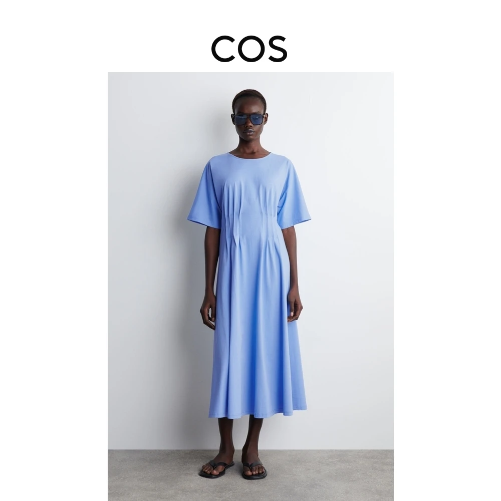 COS女装 蓝色棉质褶裥收腰连衣裙2025夏季新品度假穿搭1292176002