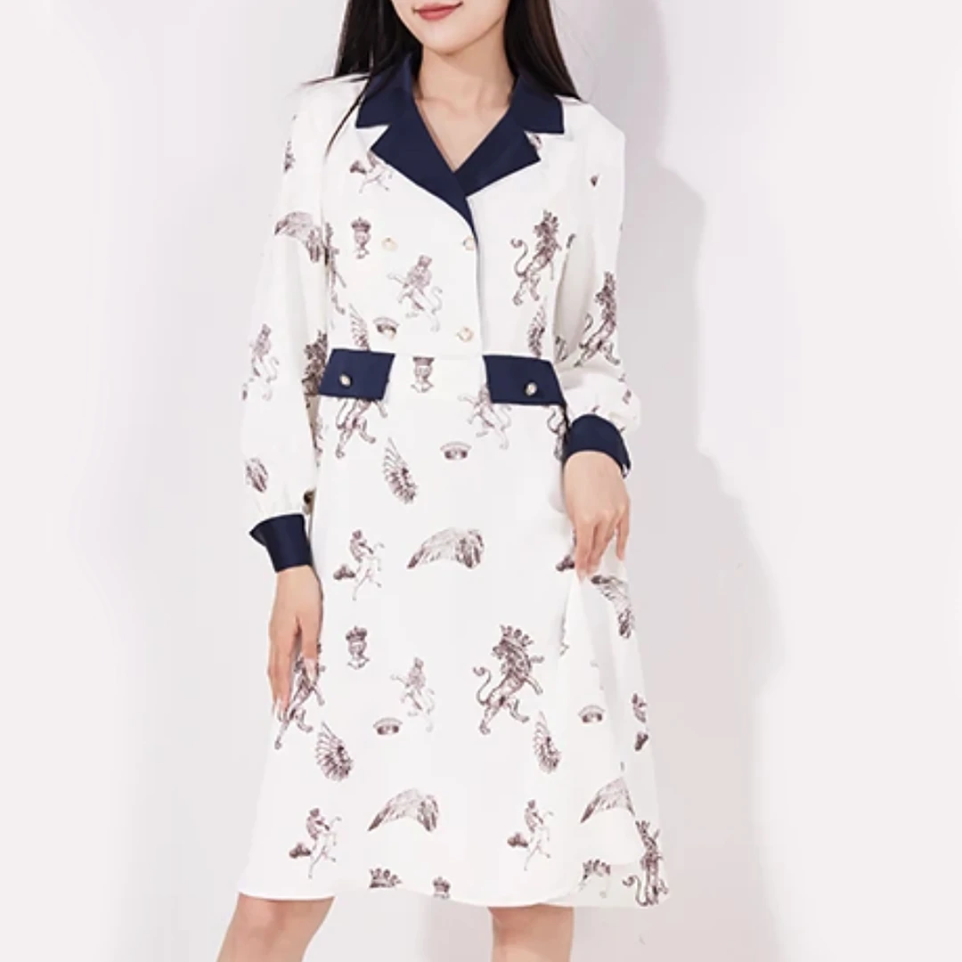 春上新！女士翻驳领长袖减龄连衣裙F157