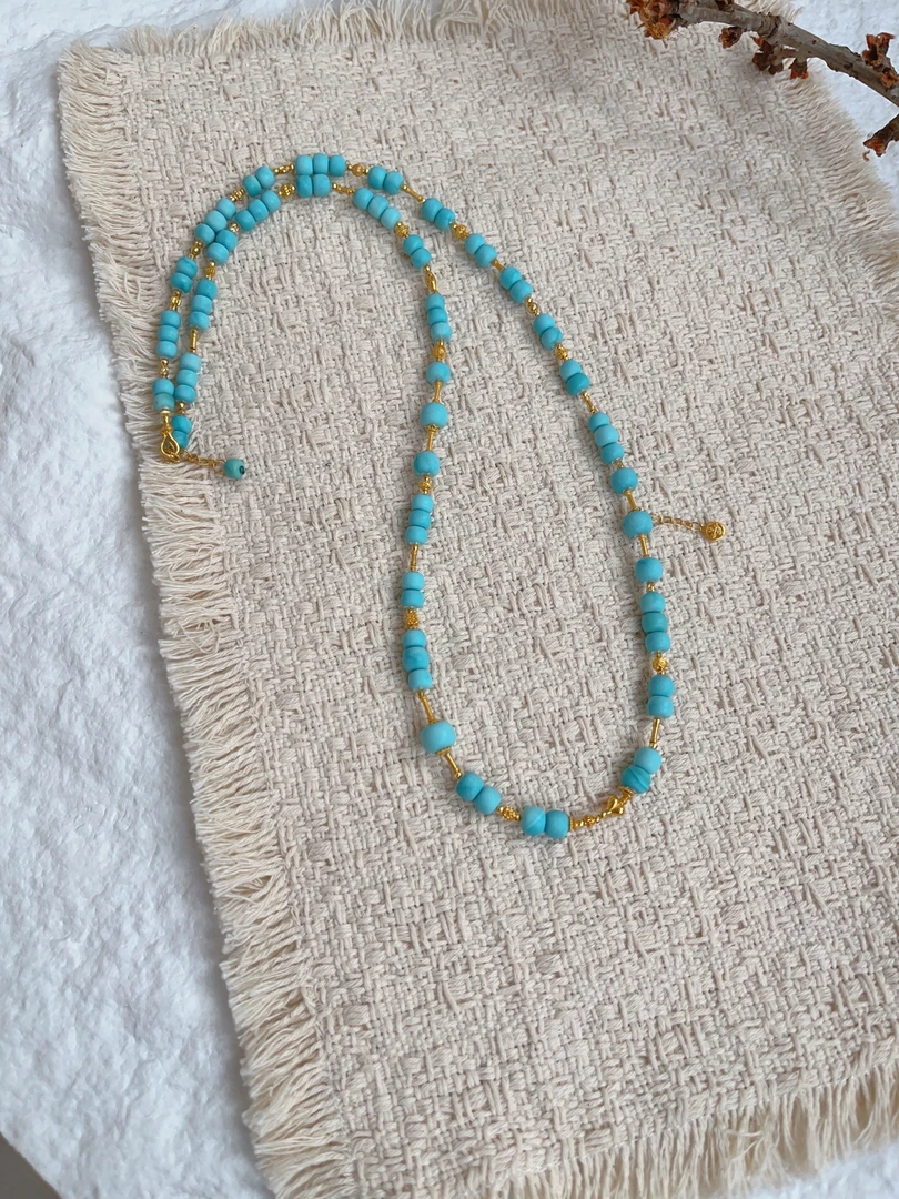 【灵兮珠宝】18K金镶嵌高瓷蓝绿松石柔光老型项链