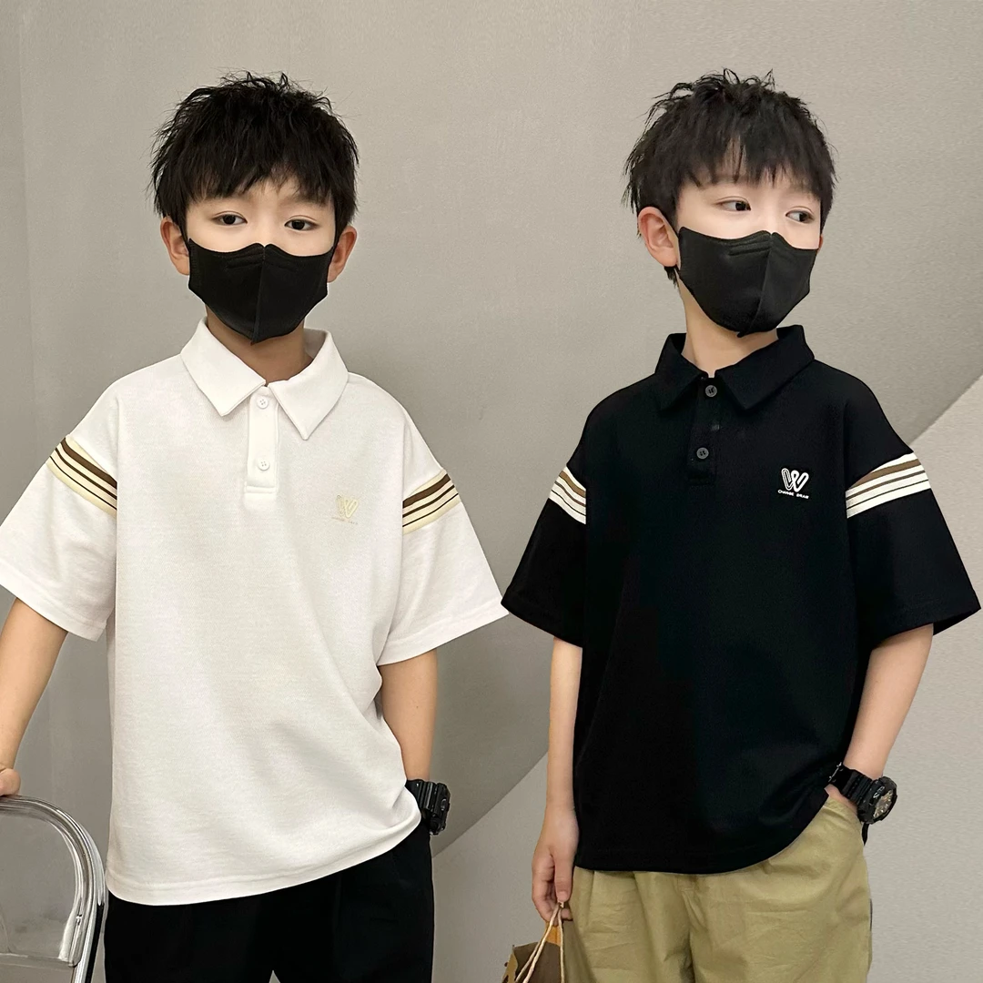 象小爸童装【袖织条纹翻领T恤】25夏童装新款宽松棉上衣短袖POlO衫