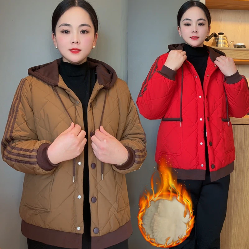 新款连帽棉袄中老年女装休闲棉衣外套宽松妈妈装加绒加厚气质棉服