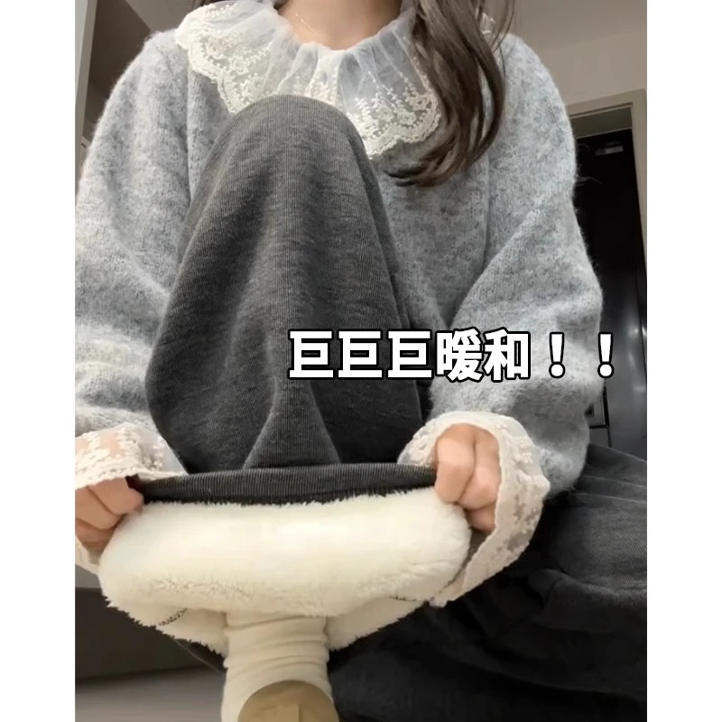 灰色特厚羊羔绒阔腿裤女秋冬高腰宽松外穿保暖棉裤垂感加绒糯米裤