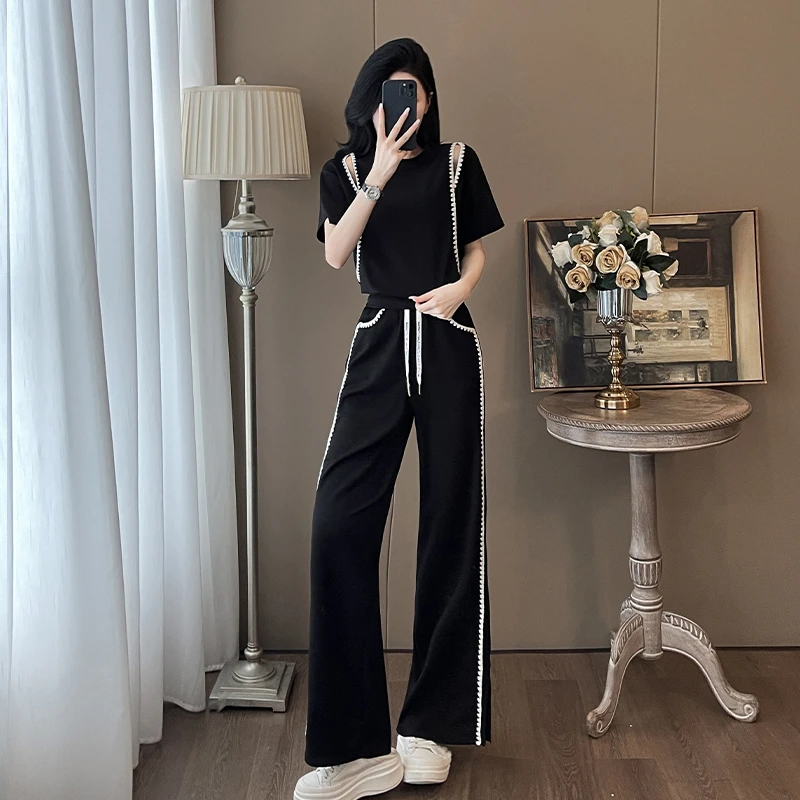 2025夏季显瘦复古时尚休闲套装潮流露肩黑色上衣阔腿裤两件套气质