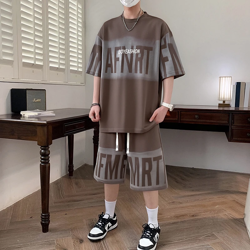 青少年潮牌字母印染短袖T恤五分短裤两件套夏季新款休闲运动套装