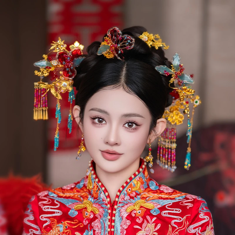 合金婚庆饰品 新娘秀禾服新中式红色造液花古装蝴蝶结婚饰品MYQ79