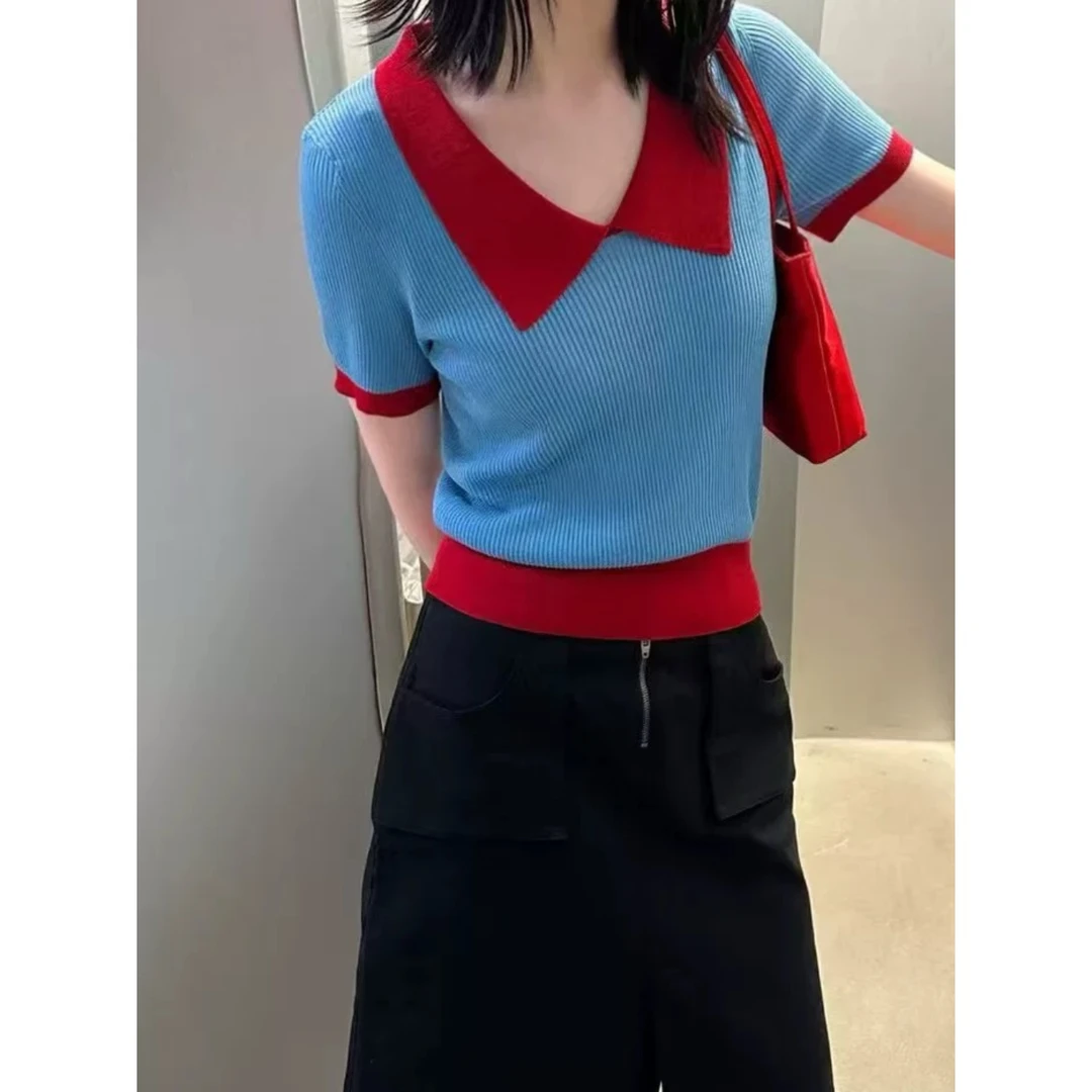 【时尚撞色翻领拼接针织短袖】夏季百搭气质拼色休闲显瘦针织衫上衣