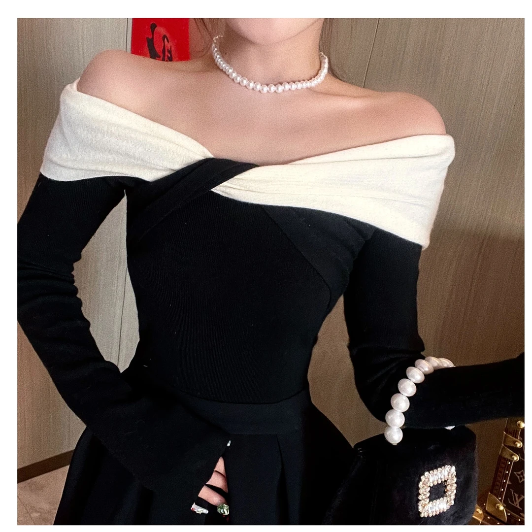 【婉君】法式轻奢复古撞色拼接长袖毛针织衫LWJ23C3T747