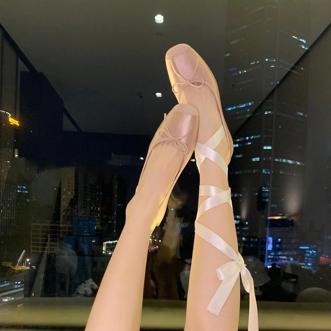 【香港轻奢Sakurano&樱央】羊皮版~方头浅口蝴蝶结芭蕾舞鞋女甜