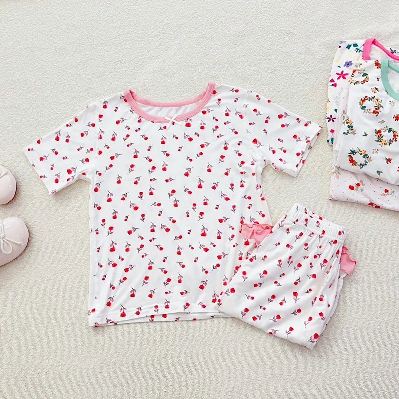 【云朵小葵】女童时尚拼色圆领小蝴蝶结粉花家居服套装023049