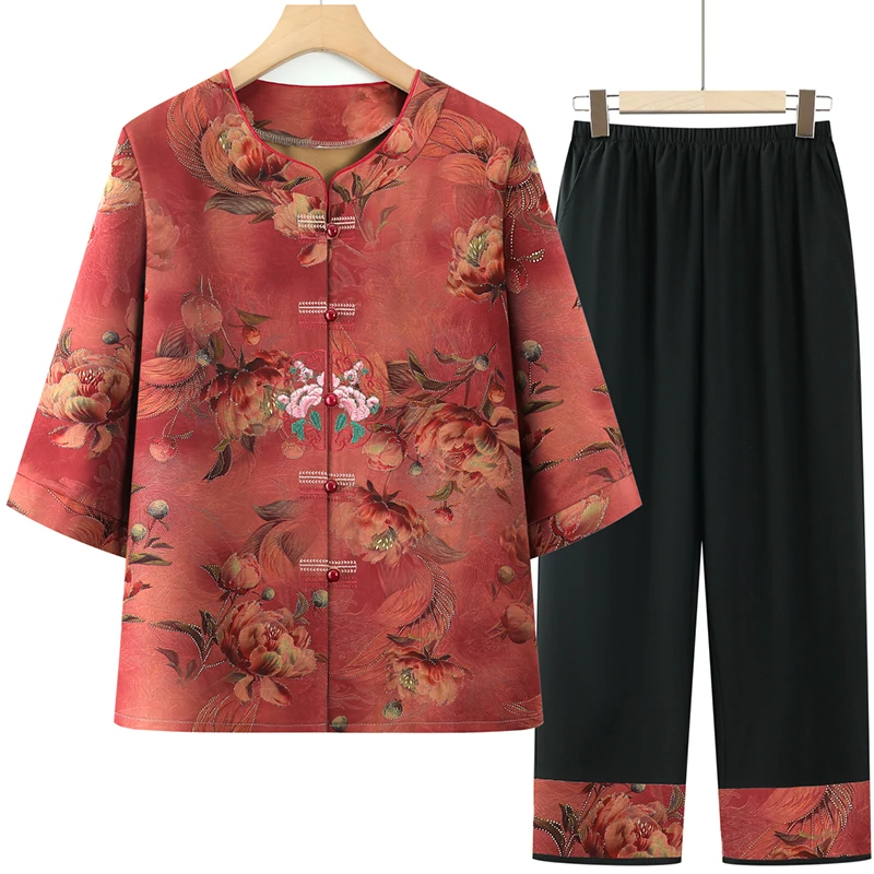 中老年女装夏装休闲套装复古大码妈妈装绣花上衣奶奶装薄款两件套