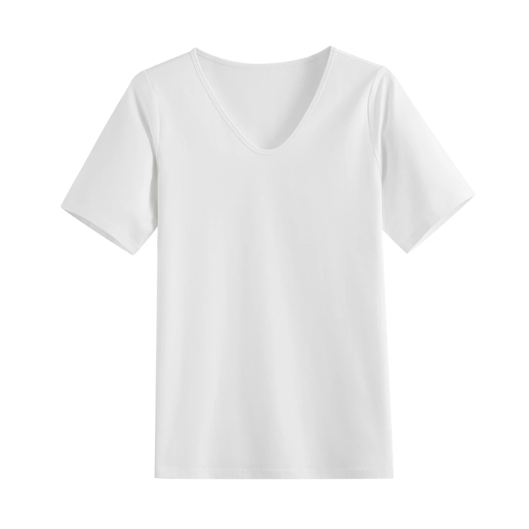 MsShe大码女装2025夏装【天丝棉】休闲V领正肩短袖T恤M2503007