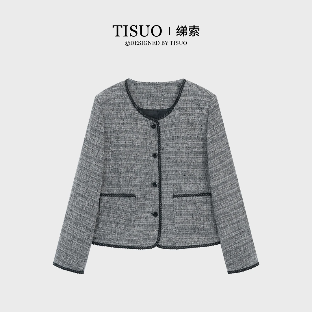 TISUO/绨索小香风花灰亚麻拼接皮织带短款外套TS588407