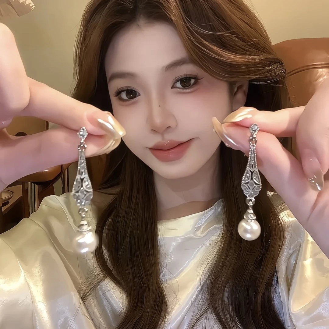 铜合金耳饰 仙女风蕾丝珍珠耳饰新款精致高颜值气质百搭女耳钉