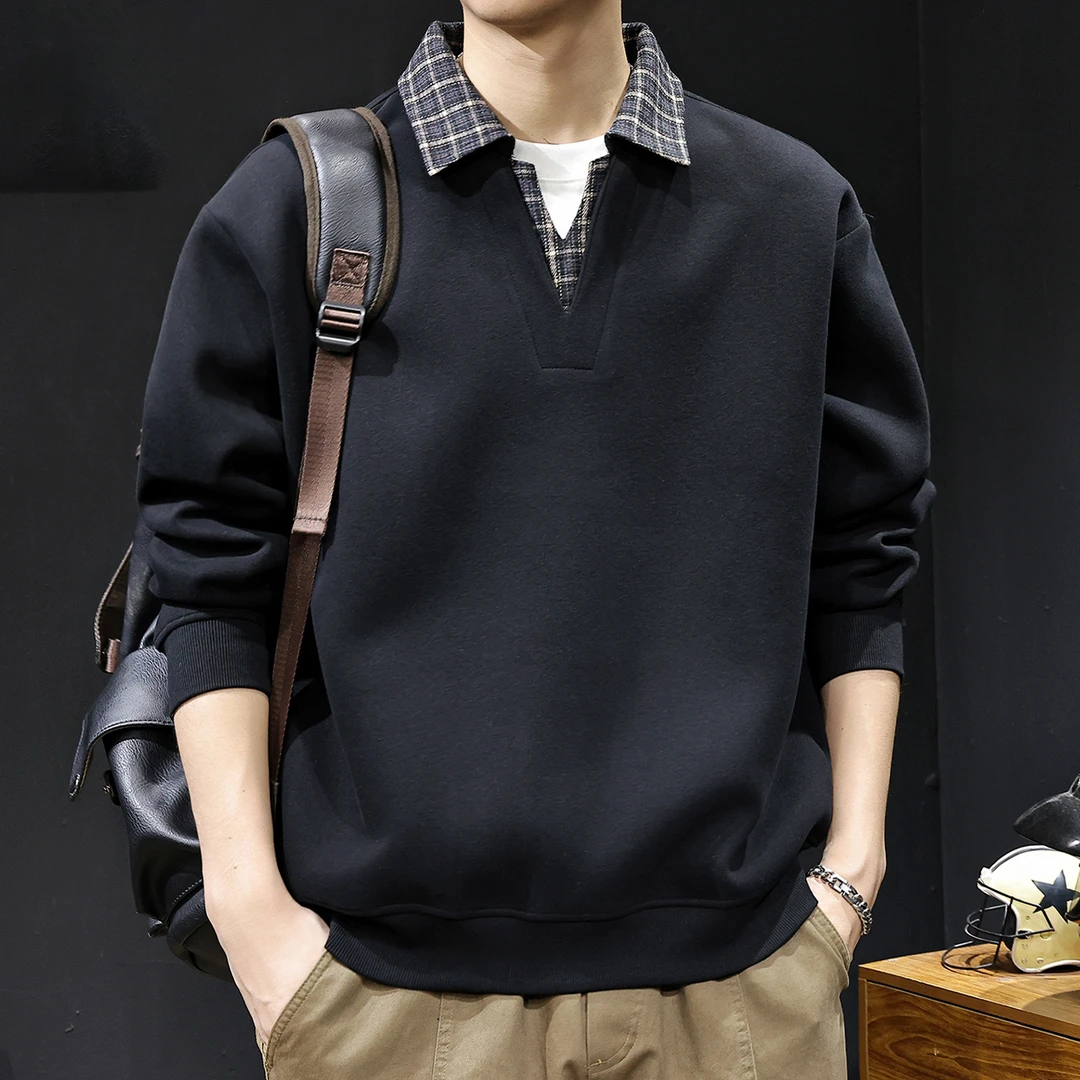 MR.MUDI/穆迪先生假两件V翻领秋季新款卫衣男士休闲长袖百搭衣服