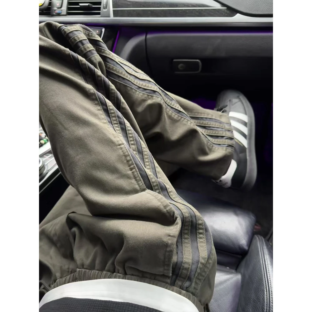 美式复古条纹裤子男夏季新款潮牌军绿色工装裤直筒三条杠休闲长裤