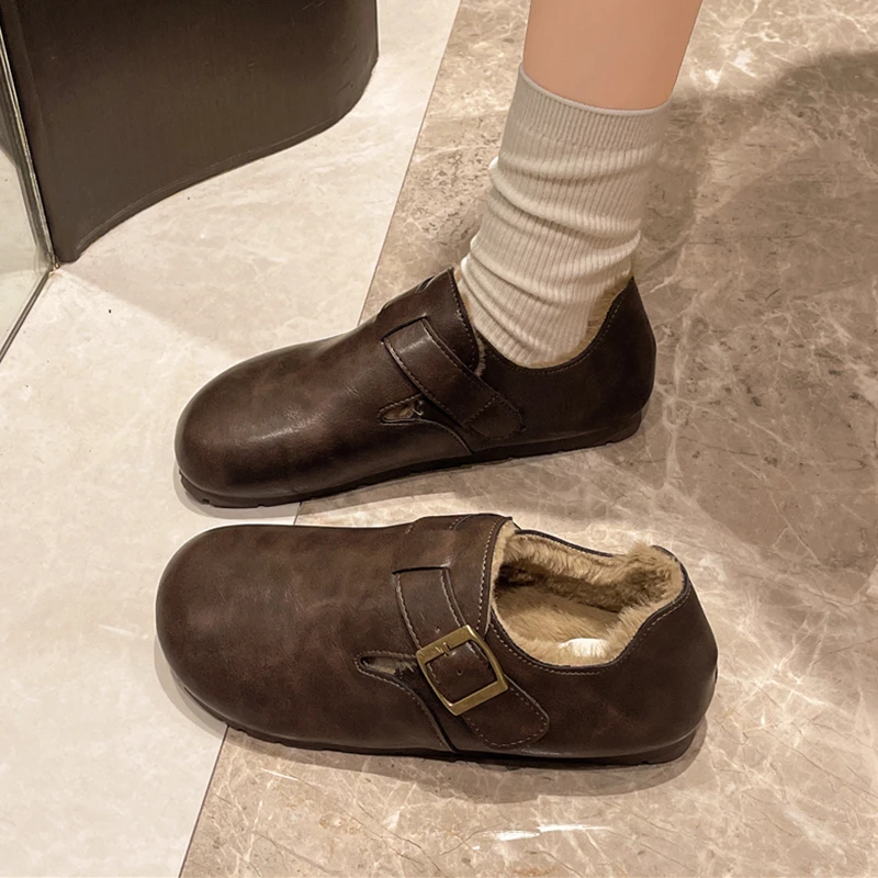 厚底勃肯鞋女2025新款冬季皮面防水复古全包加绒软底乐福博肯单鞋