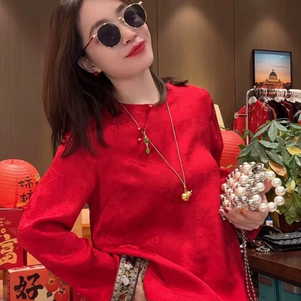 2025复古中式国风女装提花衬衫新款刺绣拼接遮肉打底遮肉上衣