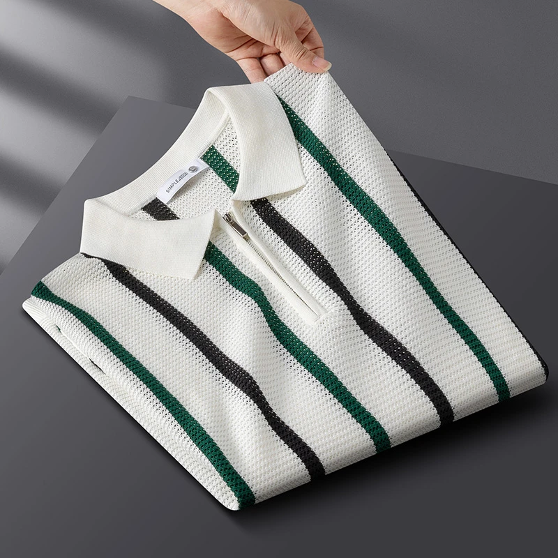 纽斯赫肯高级感透气镂空条纹polo衫夏季男士针织短袖修身冰丝T恤